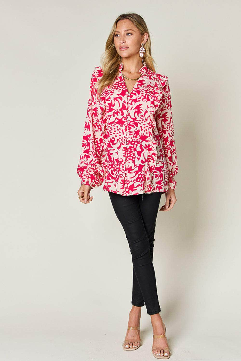 Double Take Full Size Printed Ruffle Trim Balloon Sleeve Shirt