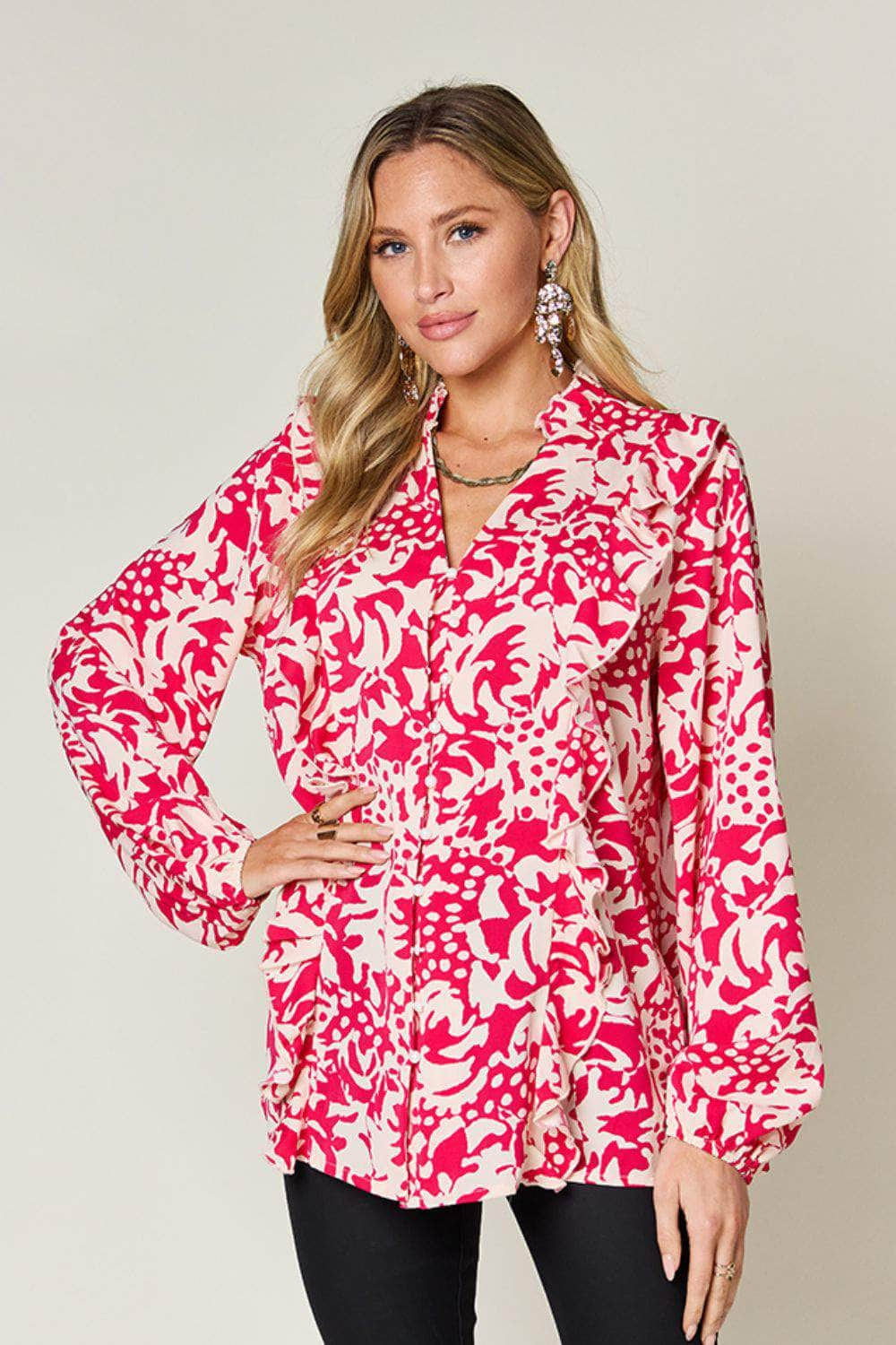 Double Take Full Size Printed Ruffle Trim Balloon Sleeve Shirt Hot Pink / S