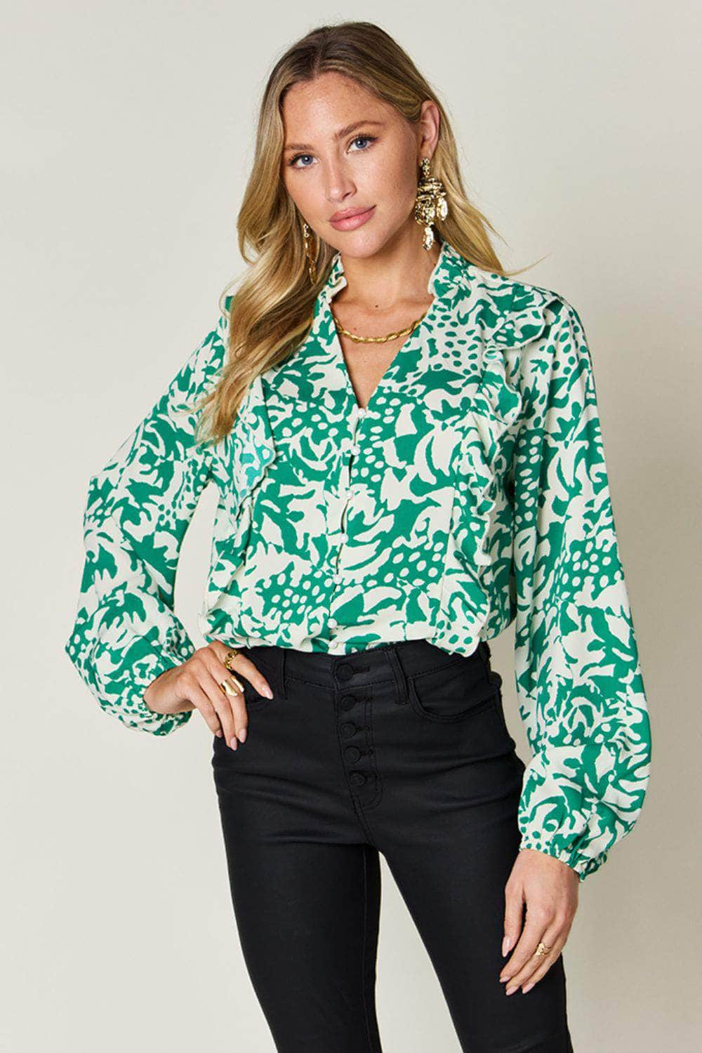 Double Take Full Size Printed Ruffle Trim Balloon Sleeve Shirt Mid Green / S