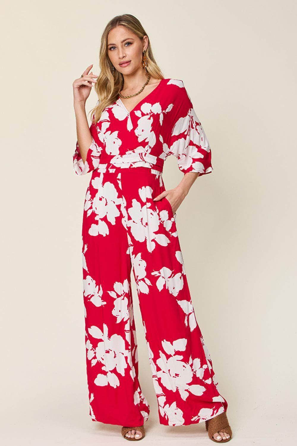 Double Take Full Size Printed Tie Back Wide Leg Jumpsuit Deep Rose / S