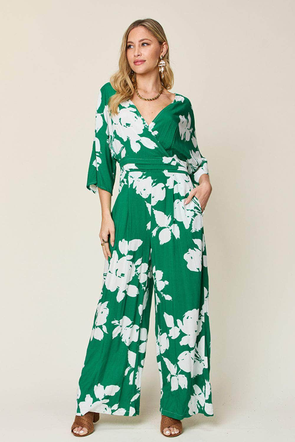 Double Take Full Size Printed Tie Back Wide Leg Jumpsuit Green / S