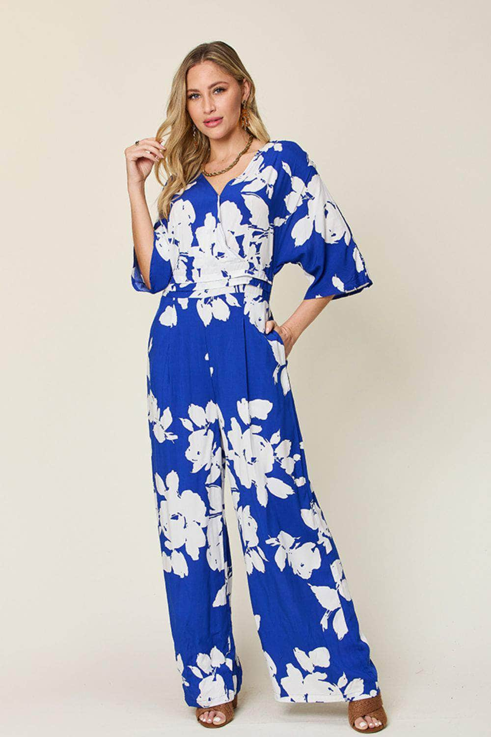 Double Take Full Size Printed Tie Back Wide Leg Jumpsuit Royal  Blue / S