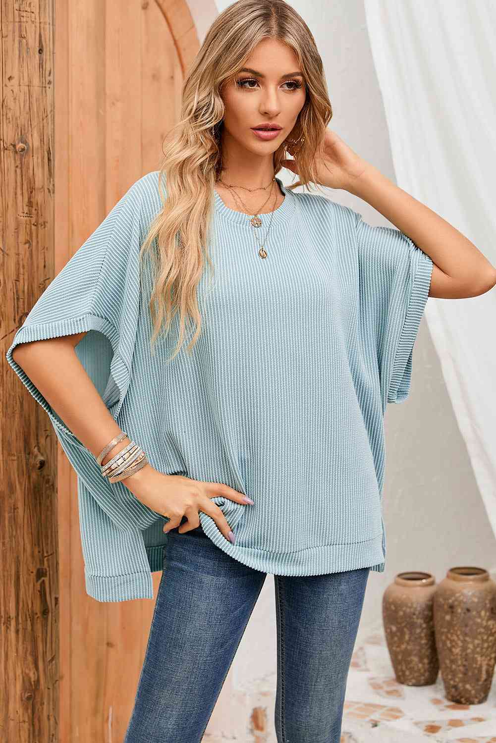 Double Take Full Size Round Neck Ribbed Slit Tunic Top Pastel  Blue / S