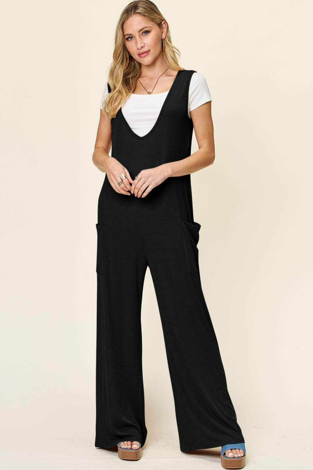 Double Take Full Size Sleeveless Wide Leg Jumpsuit with Pockets Black / S