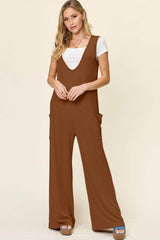 Double Take Full Size Sleeveless Wide Leg Jumpsuit with Pockets Brown / S