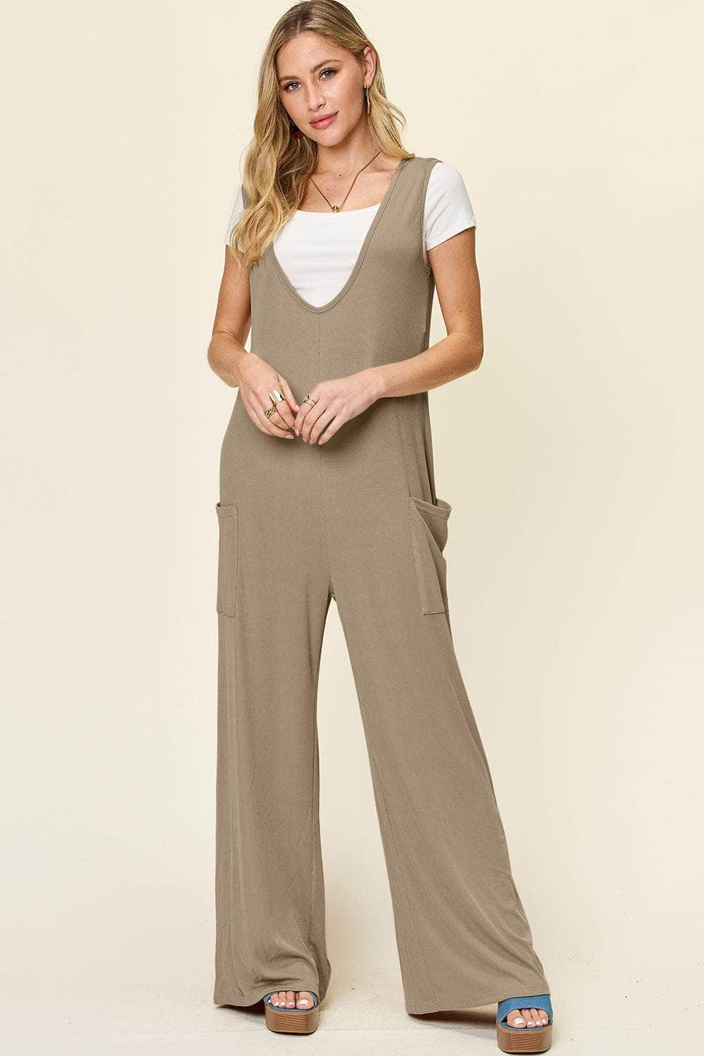 Double Take Full Size Sleeveless Wide Leg Jumpsuit with Pockets Mocha / S