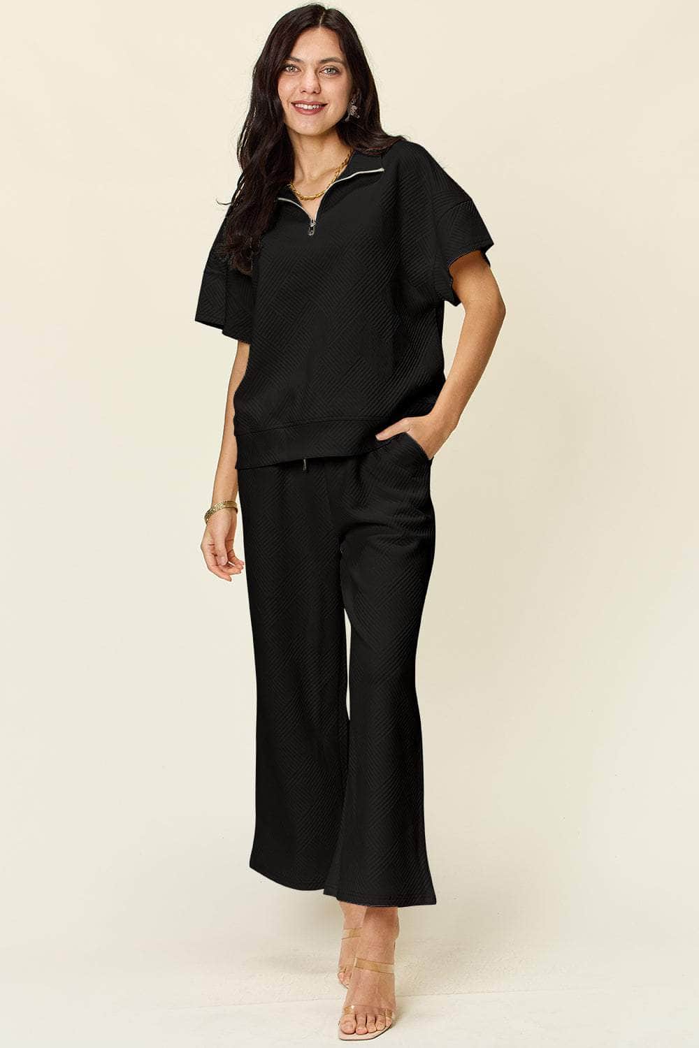 Double Take Full Size Texture Half Zip Short Sleeve Top and Pants Set Black / S