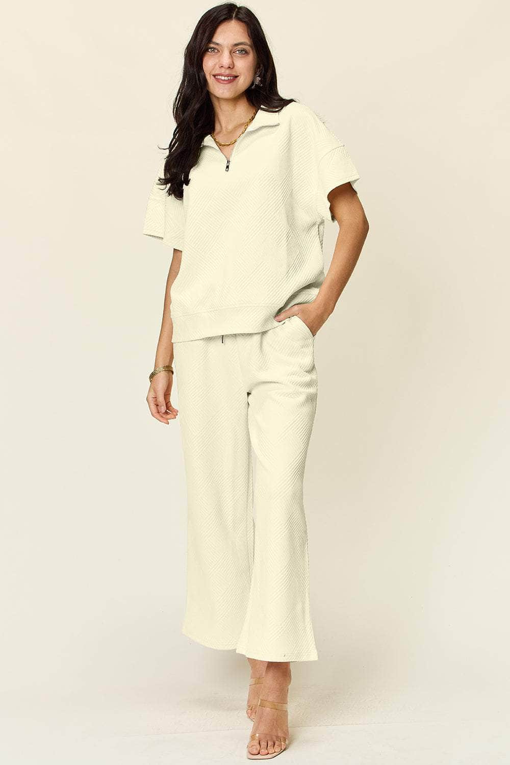 Double Take Full Size Texture Half Zip Short Sleeve Top and Pants Set Cream / S