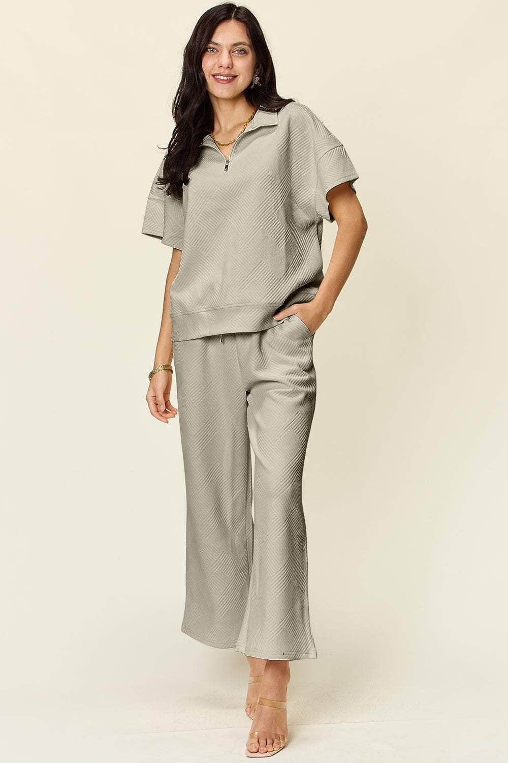Double Take Full Size Texture Half Zip Short Sleeve Top and Pants Set Dust Storm / S