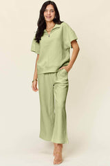 Double Take Full Size Texture Half Zip Short Sleeve Top and Pants Set Mist Green / S