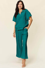Double Take Full Size Texture Half Zip Short Sleeve Top and Pants Set Teal / S