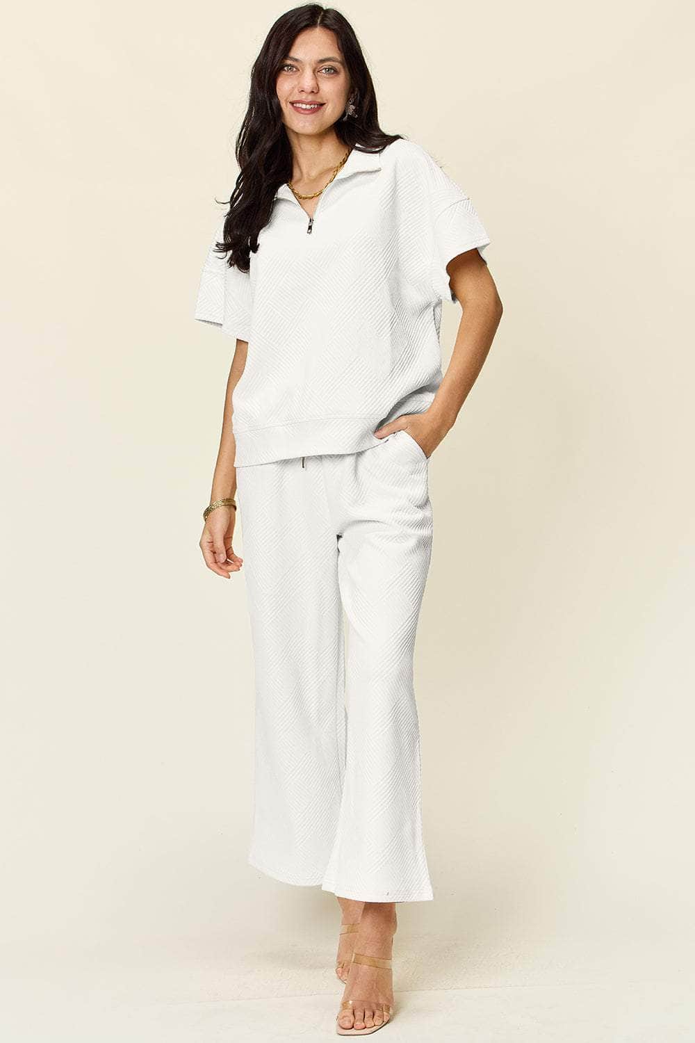 Double Take Full Size Texture Half Zip Short Sleeve Top and Pants Set White / S