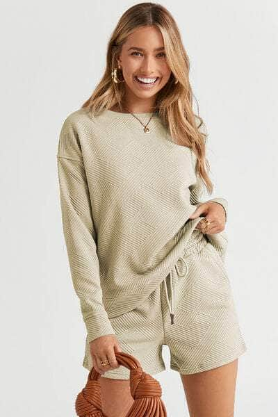 Double Take Full Size Texture Long Sleeve Top and Drawstring Shorts Set Tan / S