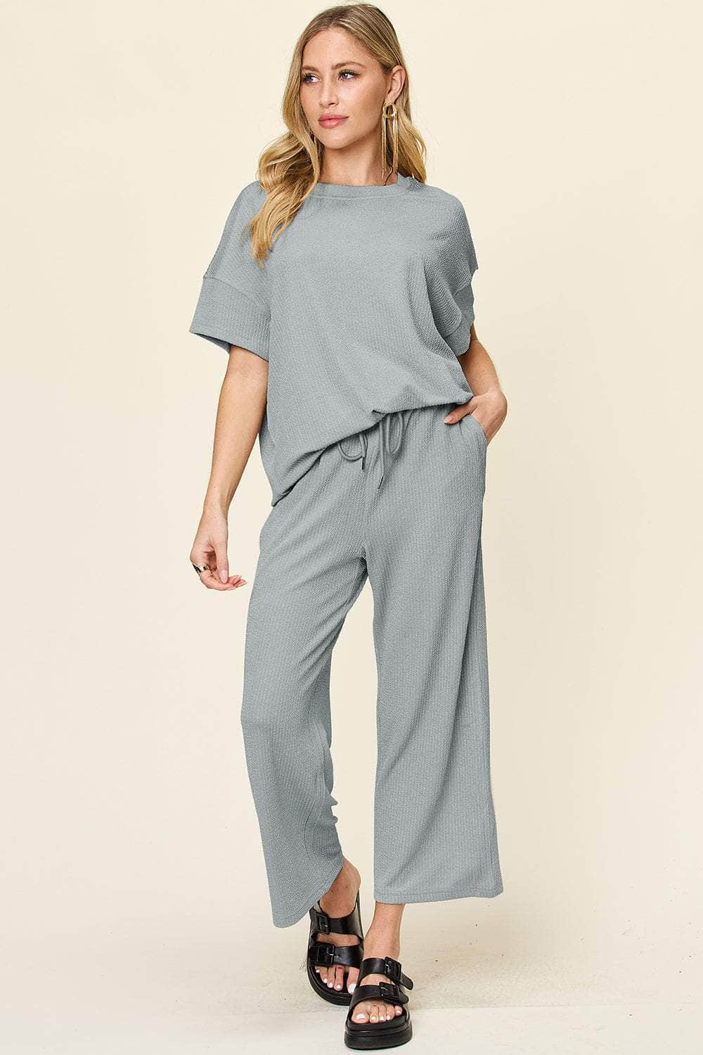 Double Take Full Size Texture Round Neck Short Sleeve T-Shirt and Wide Leg Pants