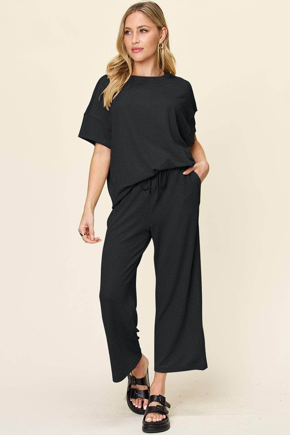 Double Take Full Size Texture Round Neck Short Sleeve T-Shirt and Wide Leg Pants Black / S