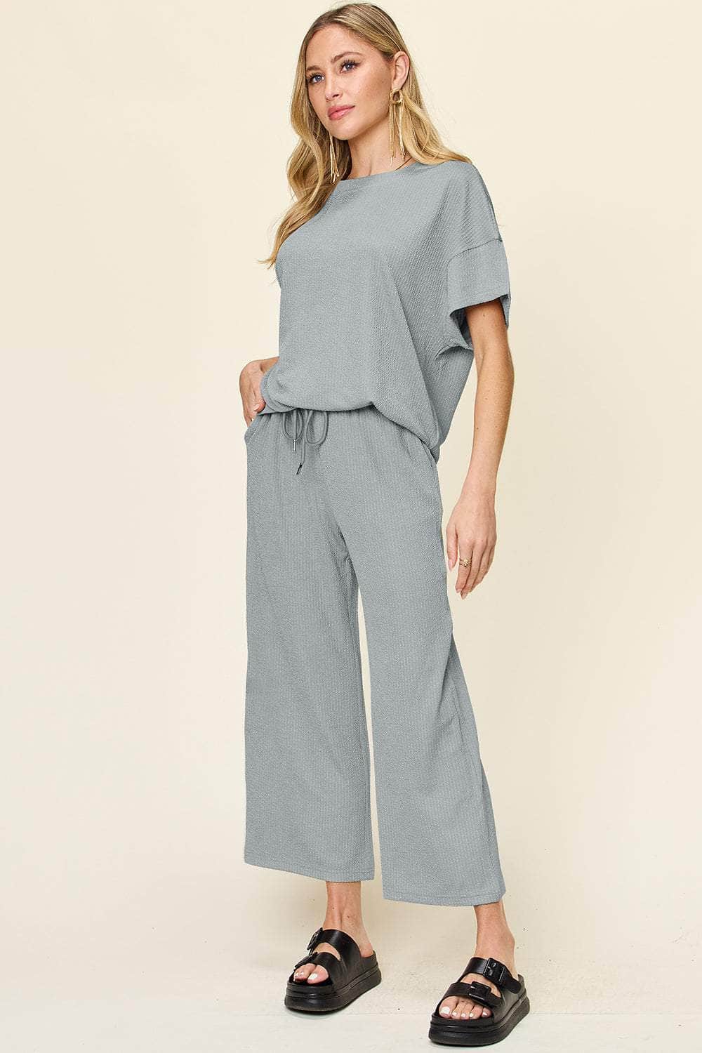 Double Take Full Size Texture Round Neck Short Sleeve T-Shirt and Wide Leg Pants Cloudy Blue / S