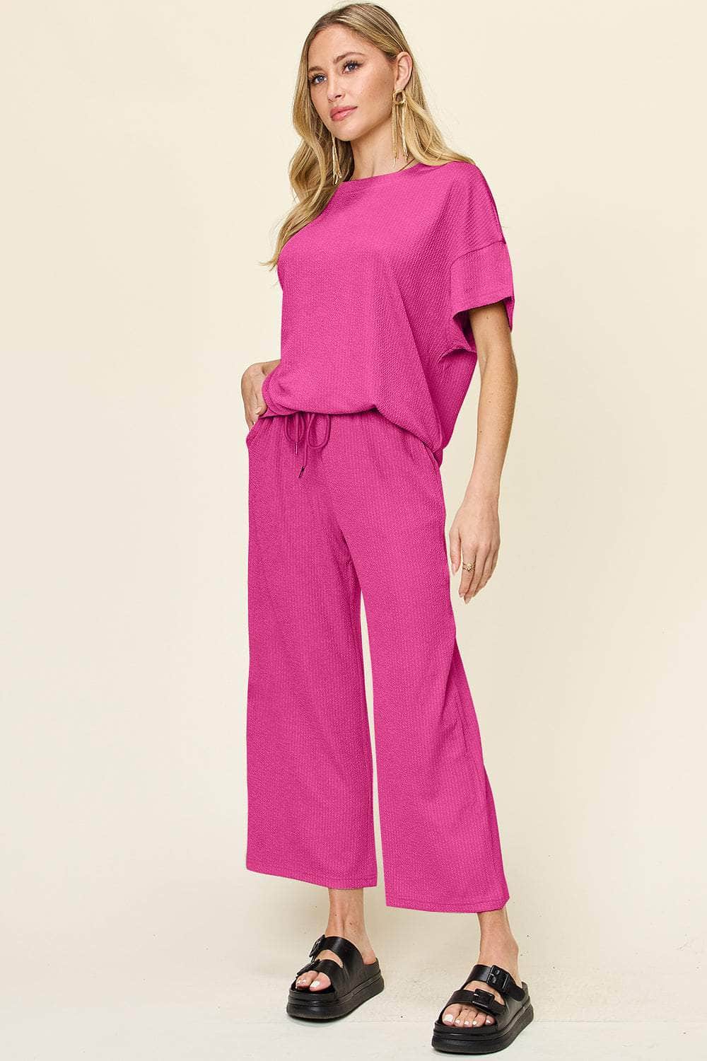 Double Take Full Size Texture Round Neck Short Sleeve T-Shirt and Wide Leg Pants Hot Pink / S