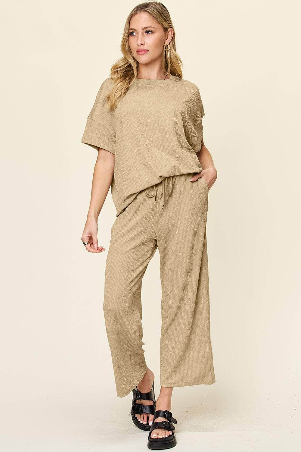 Double Take Full Size Texture Round Neck Short Sleeve T-Shirt and Wide Leg Pants Khaki / S