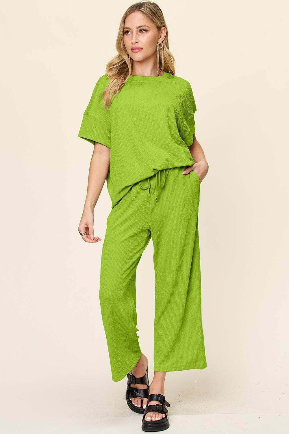 Double Take Full Size Texture Round Neck Short Sleeve T-Shirt and Wide Leg Pants Lime / S