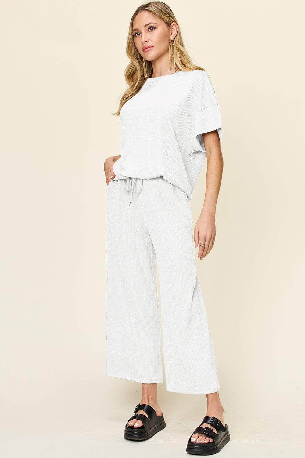 Double Take Full Size Texture Round Neck Short Sleeve T-Shirt and Wide Leg Pants White / S
