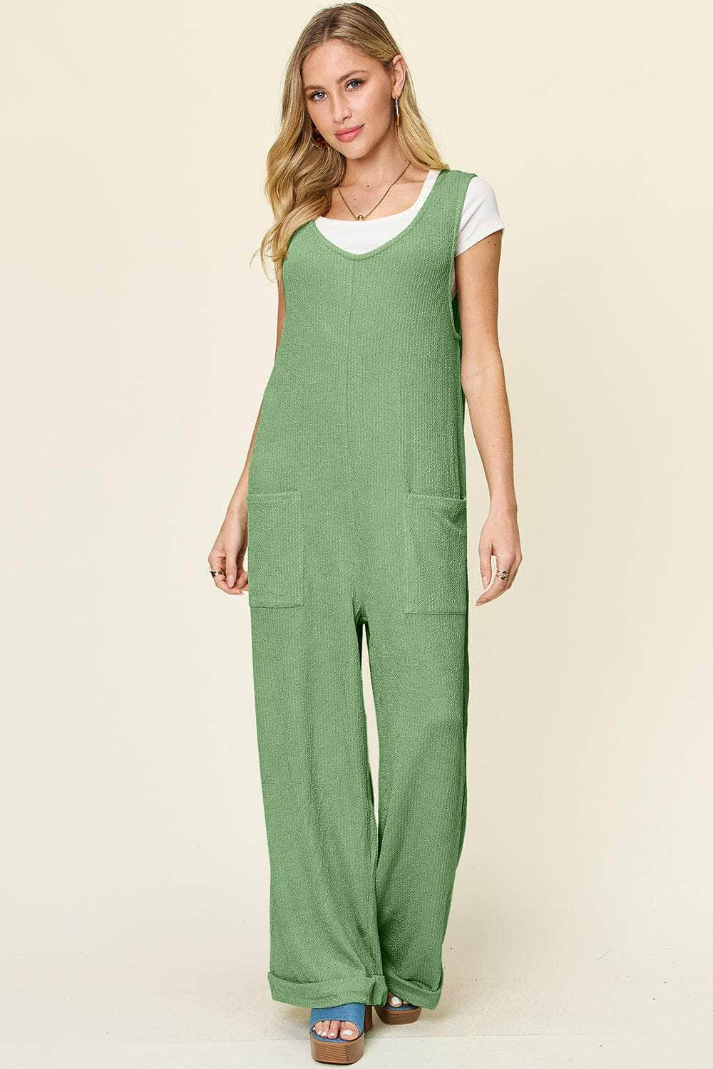 Double Take Full Size Texture Sleeveless Wide Leg Jumpsuit Light Green / S