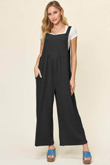 Double Take Full Size Texture Sleeveless Wide Leg Overall Black / S