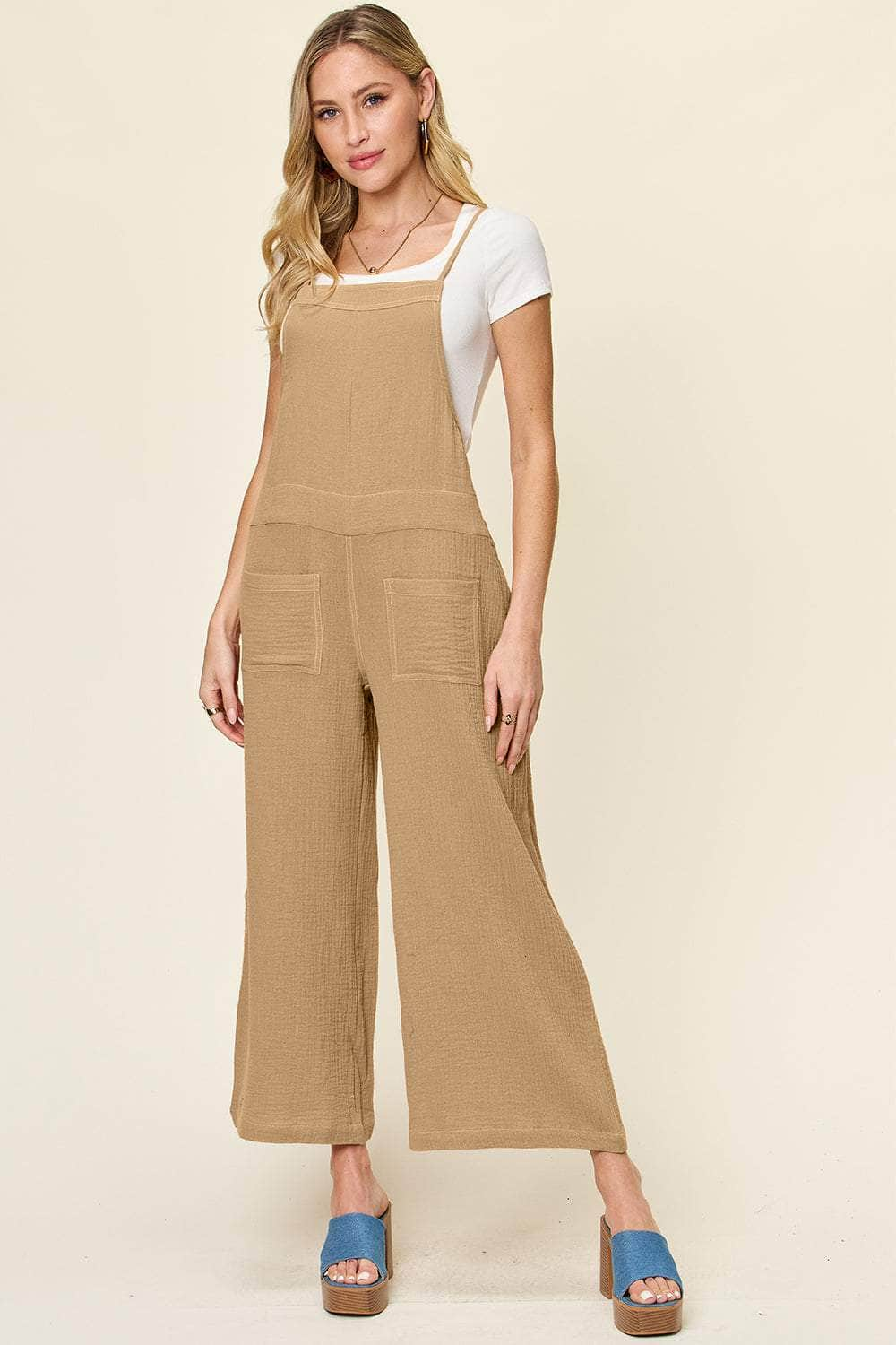 Double Take Full Size Texture Sleeveless Wide Leg Overall Khaki / S