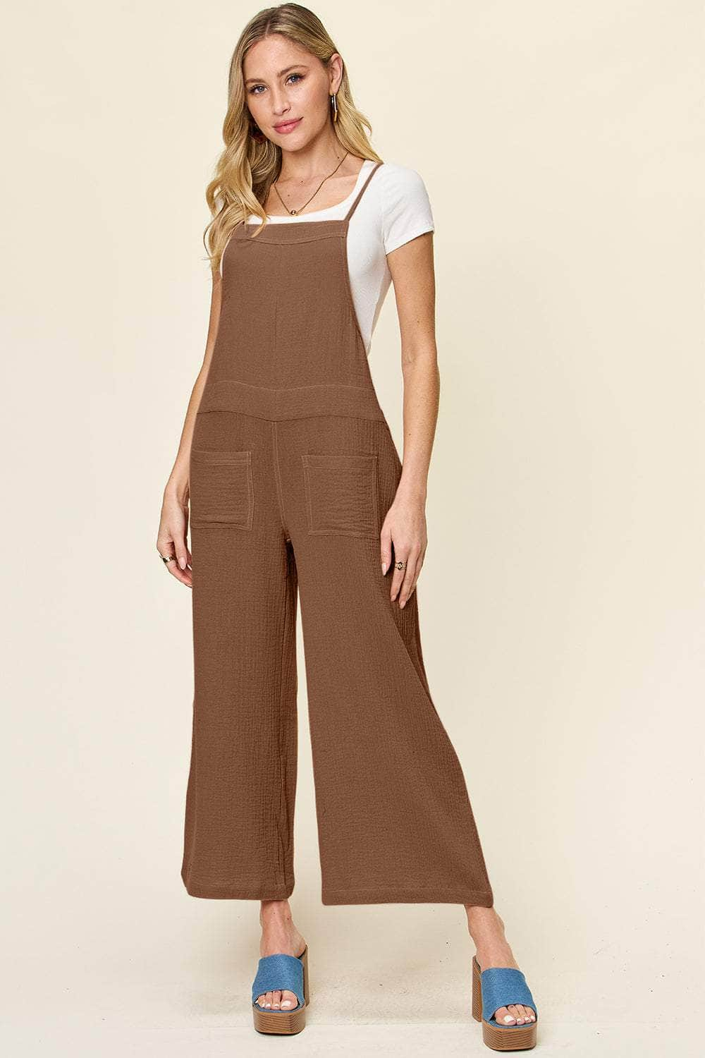 Double Take Full Size Texture Sleeveless Wide Leg Overall Mocha / S