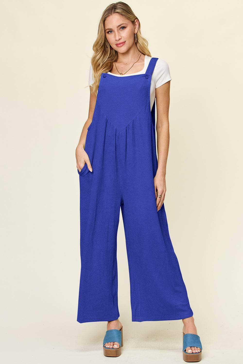 Double Take Full Size Texture Sleeveless Wide Leg Overall Royal Blue / S