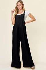 Double Take Full Size Texture Wide Strap Wide Leg Overall Black / S