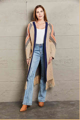 Double Take Geometric Fringe Hem Open Front Duster Cardigan Tan / S