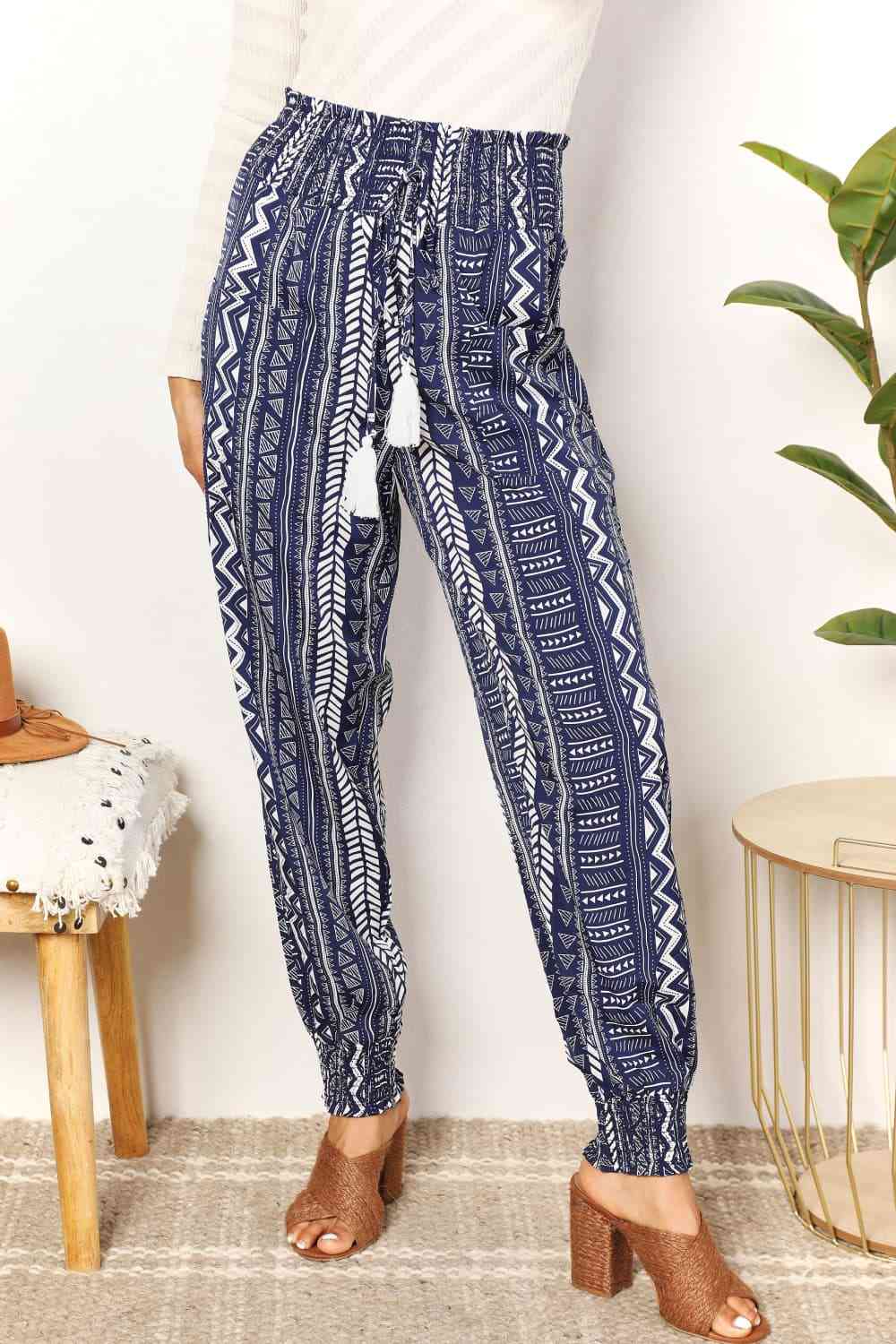 Double Take Geometric Print Tassel High-Rise Pants Navy / S