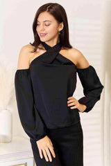 Double Take Grecian Cold Shoulder Long Sleeve Blouse Black / S