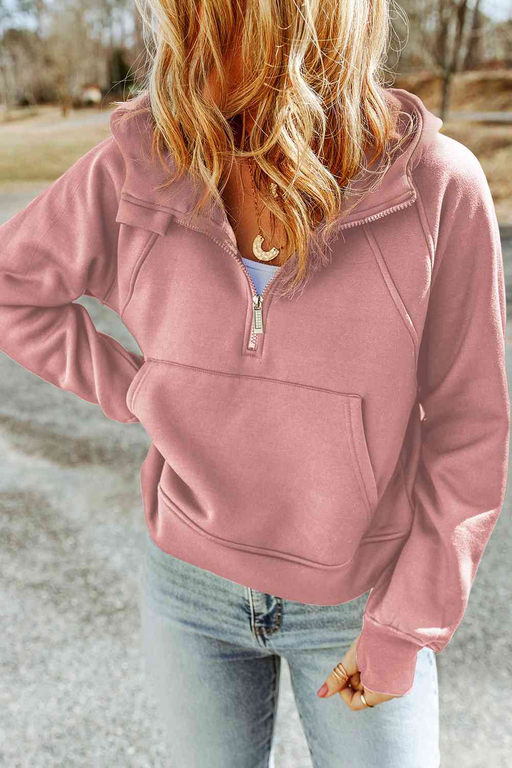 Double Take Half-Zip Thumbhole Sleeve Hoodie Blush Pink / S