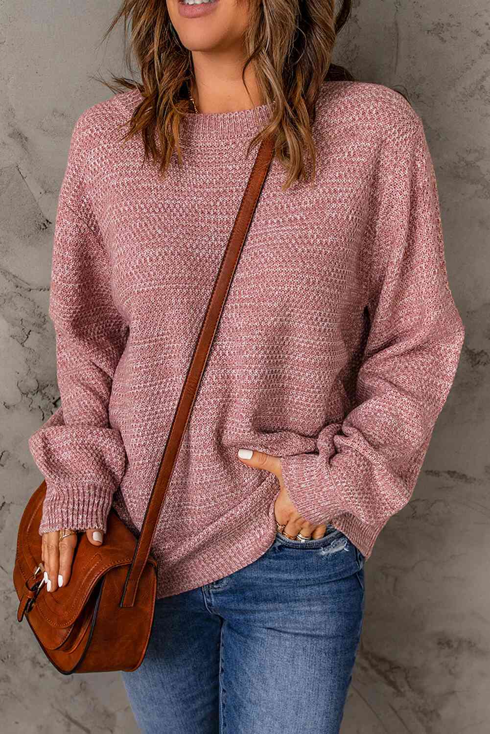 Double Take Heathered Dropped Shoulder Round Neck Sweater