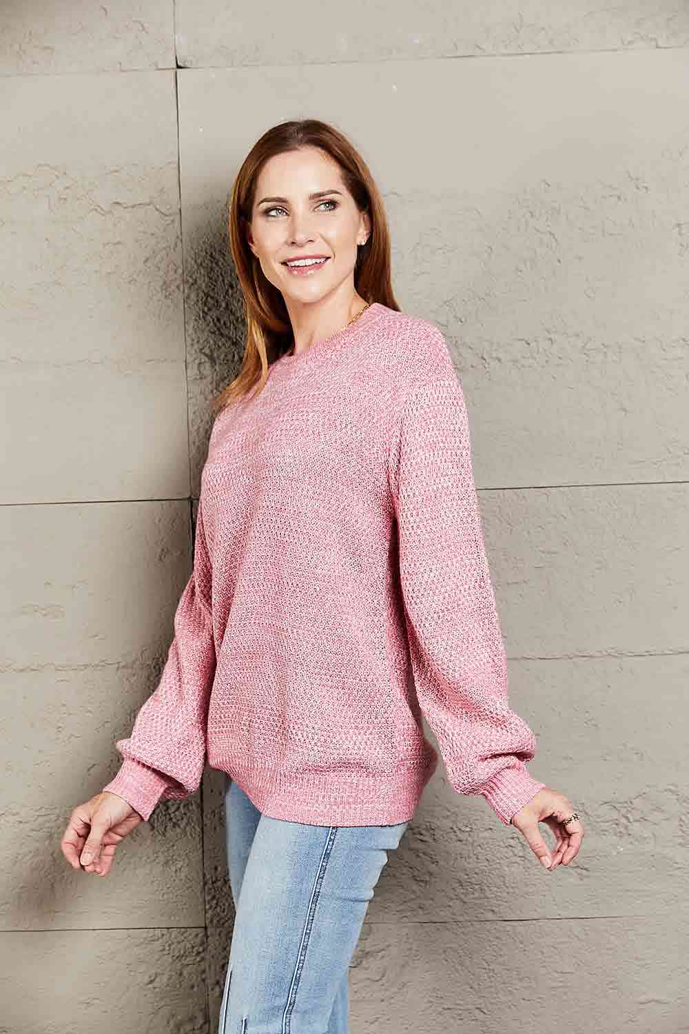 Double Take Heathered Dropped Shoulder Round Neck Sweater