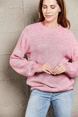 Double Take Heathered Dropped Shoulder Round Neck Sweater