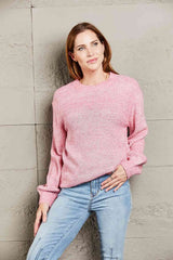 Double Take Heathered Dropped Shoulder Round Neck Sweater Pink / S