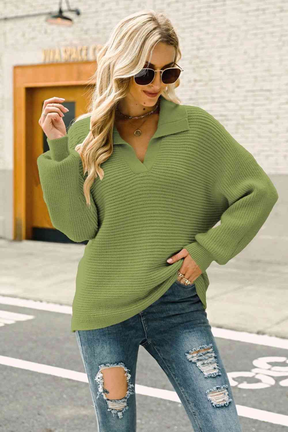 Double Take Horizontal Ribbing Johnny Collar Sweater