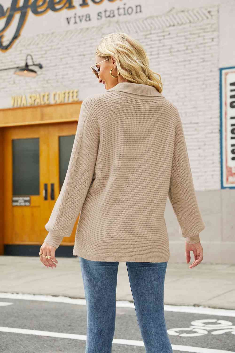 Double Take Horizontal Ribbing Johnny Collar Sweater