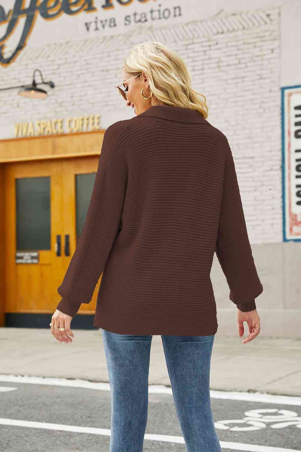 Double Take Horizontal Ribbing Johnny Collar Sweater