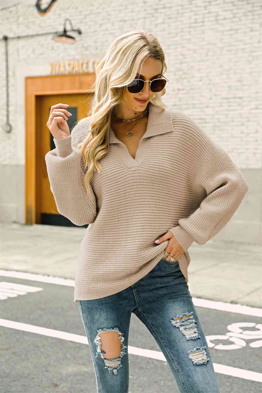 Double Take Horizontal Ribbing Johnny Collar Sweater