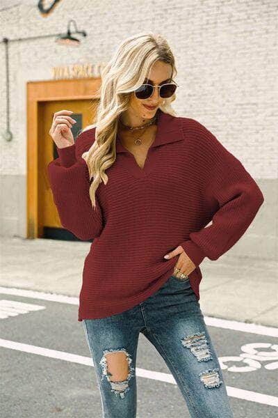 Double Take Horizontal Ribbing Johnny Collar Sweater