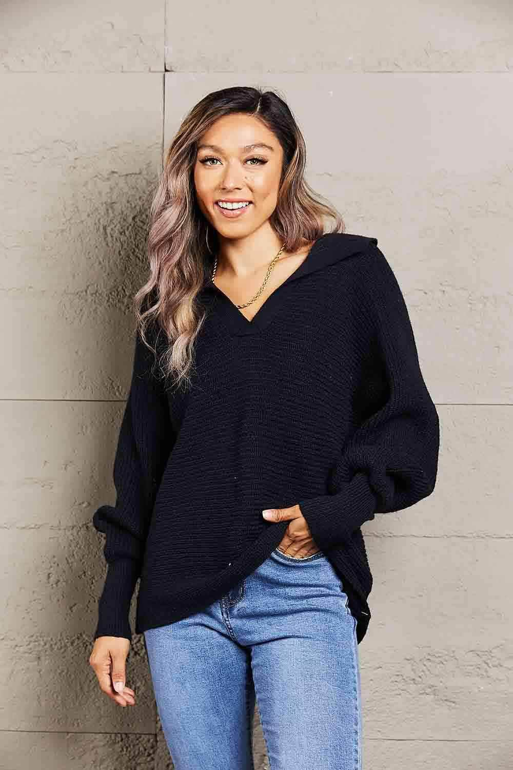 Double Take Horizontal Ribbing Johnny Collar Sweater Black / S