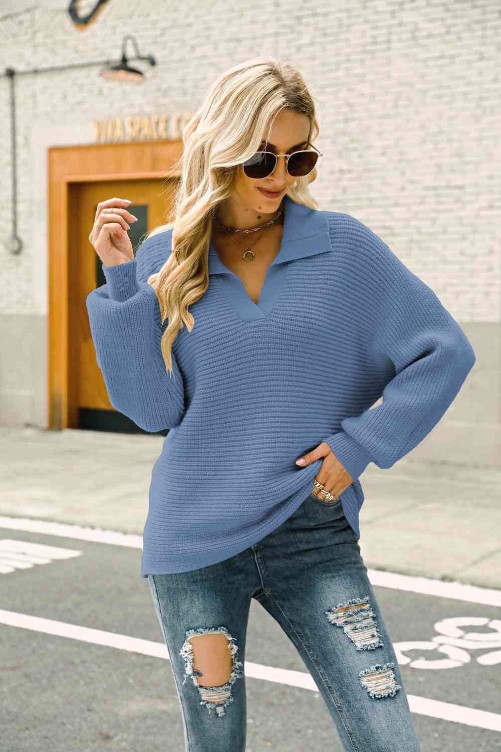 Double Take Horizontal Ribbing Johnny Collar Sweater Blue / L