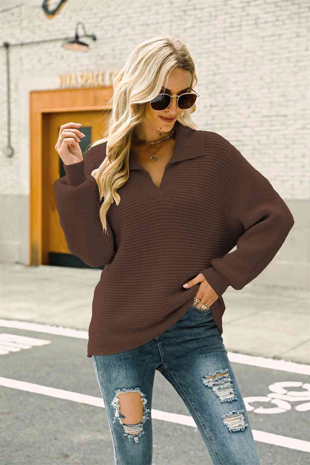 Double Take Horizontal Ribbing Johnny Collar Sweater Coffee / L