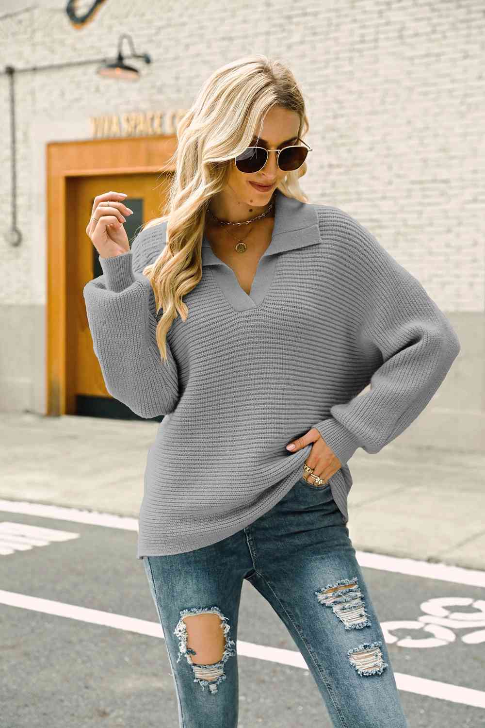 Double Take Horizontal Ribbing Johnny Collar Sweater Gray / S