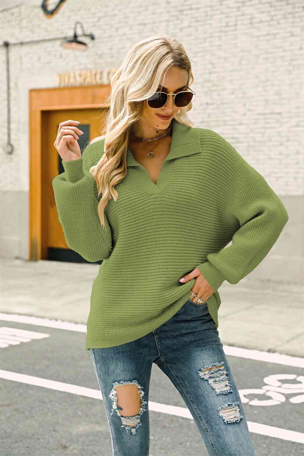 Double Take Horizontal Ribbing Johnny Collar Sweater Green / L