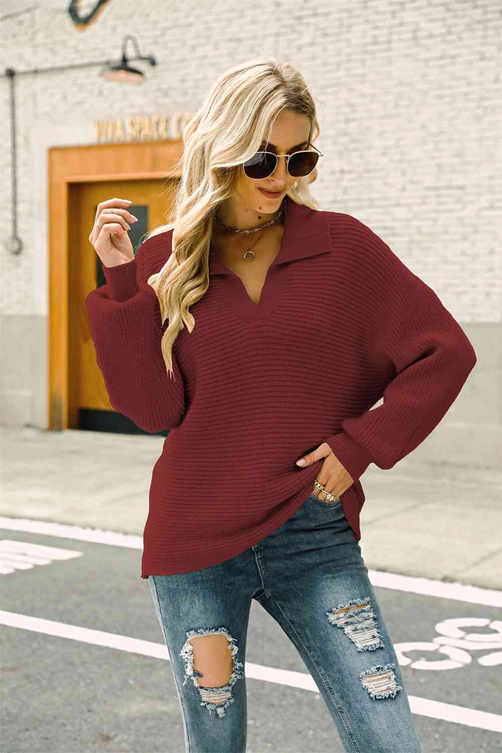 Double Take Horizontal Ribbing Johnny Collar Sweater Wine / L