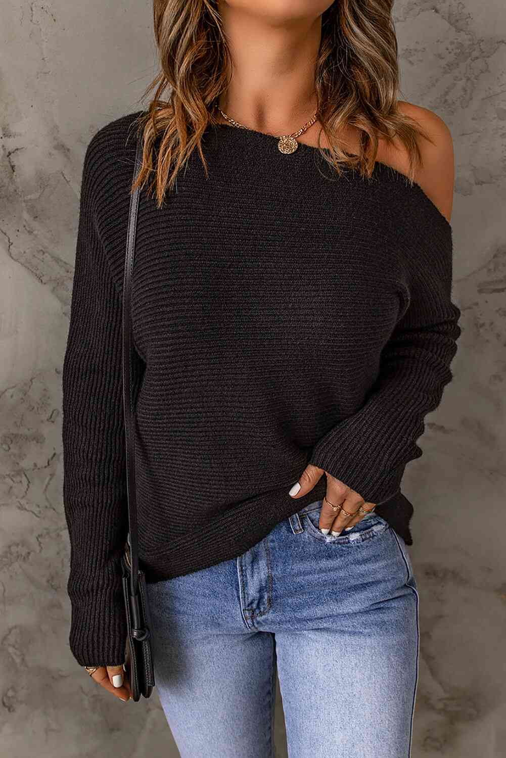 Double Take Horizontal Ribbing One-Shoulder Sweater Black / S